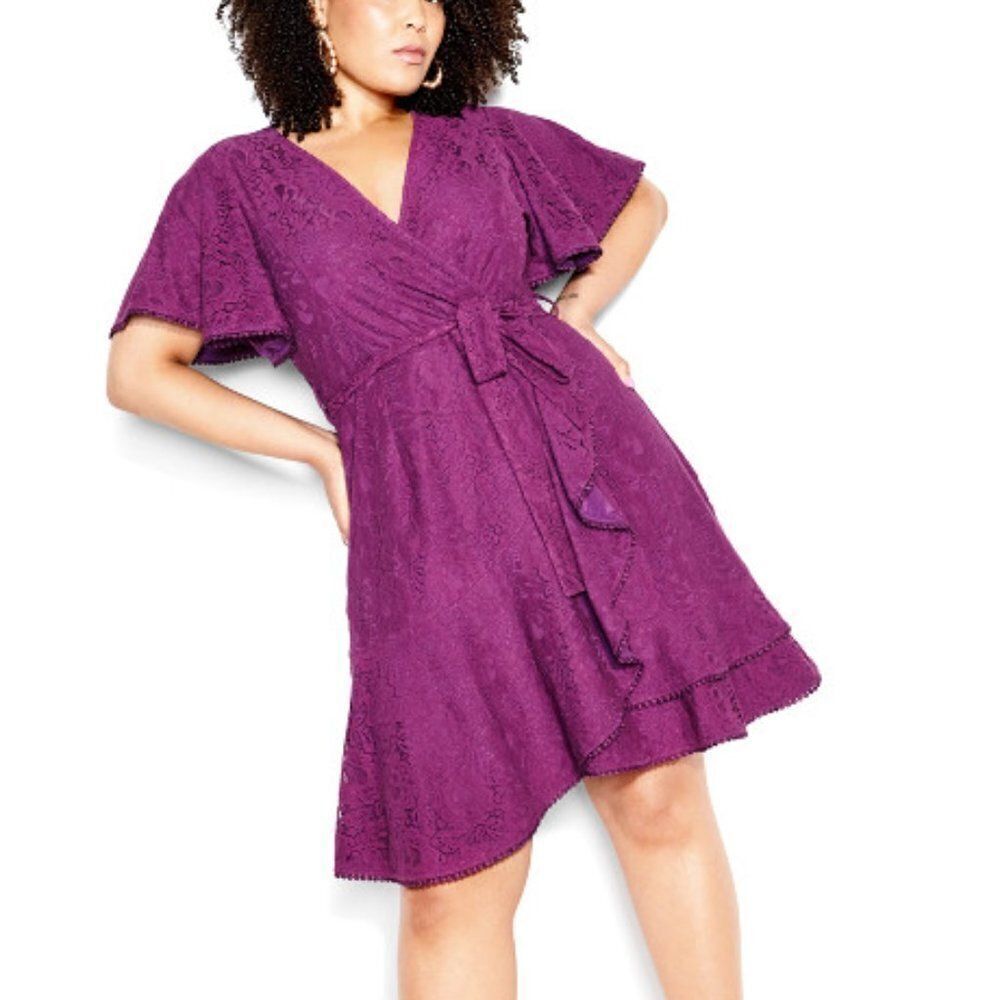 City Chic Women's All Over Lace Crochet Party Mini Dress‎ Babydoll Magenta S14
